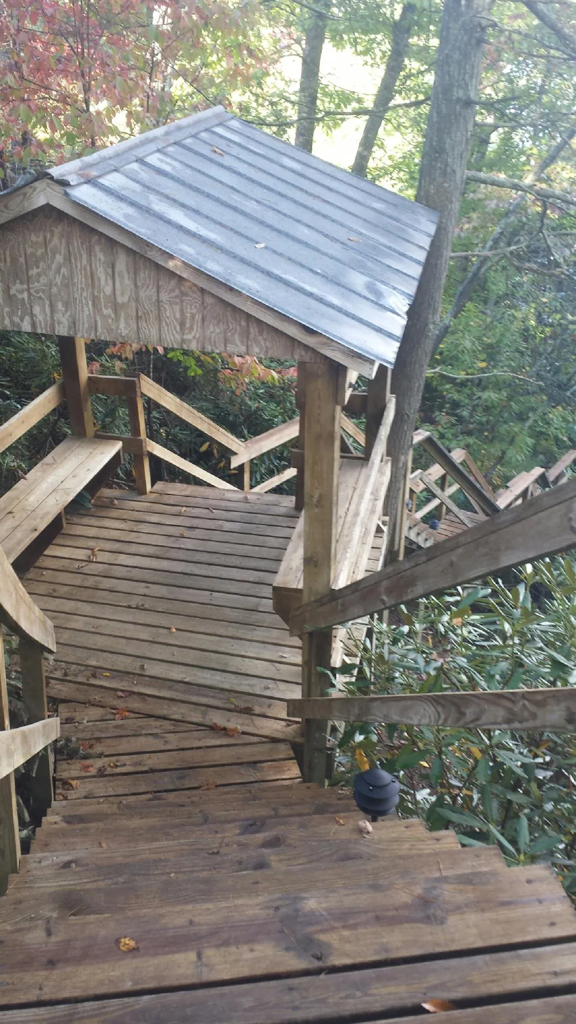 Metal roofed shelter over wooden steps on a wooded walkway — Skylight Repair & Installation work by our crew in Happy Valley